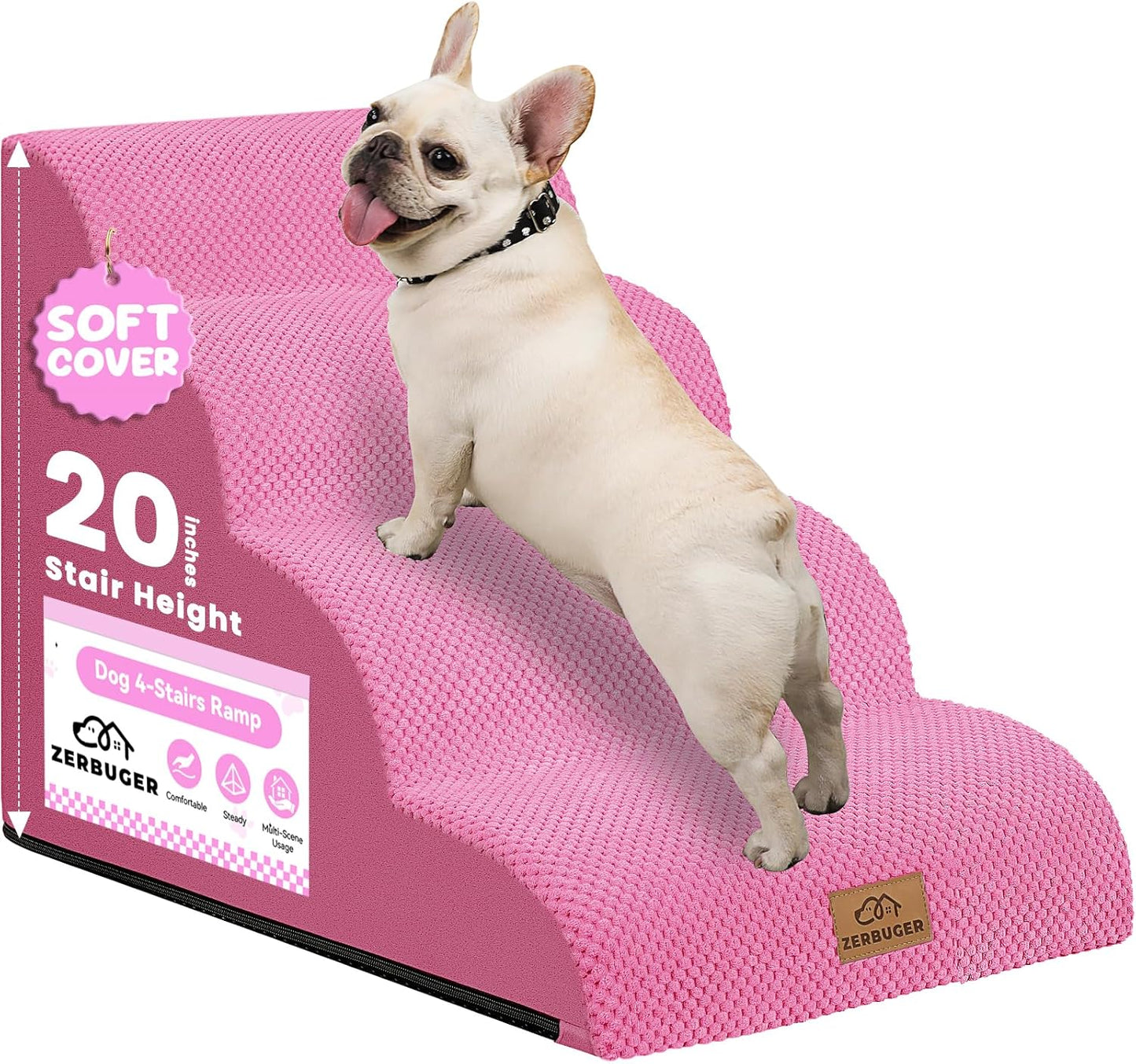 Dog Ramp and Stair for Bed 16" H-20 H,3-Step Cat Stair for Sofa and Chair,4-Step Dog Ramp for High Bed and Window,Durable Nonslip Fabric Cover for Indoor (Pink-20 H, Pet Friendly, 4) - Pawvie