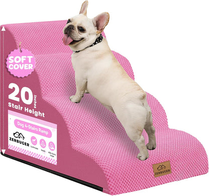 Dog Ramp and Stair for Bed 16" H-20 H,3-Step Cat Stair for Sofa and Chair,4-Step Dog Ramp for High Bed and Window,Durable Nonslip Fabric Cover for Indoor (Pink-20 H, Pet Friendly, 4) - Pawvie