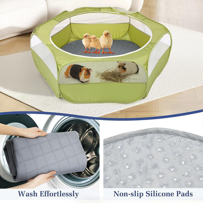 2-in-1 Small Animals Playpen with Pad, Waterproof Small Pet Cage Tent with Reusable Pad, Portable Outdoor Yard Fence with 3 Metal Rod for Chick/Kitten/Puppy/Guinea Pig/Rabbits/Chinchillas, Green