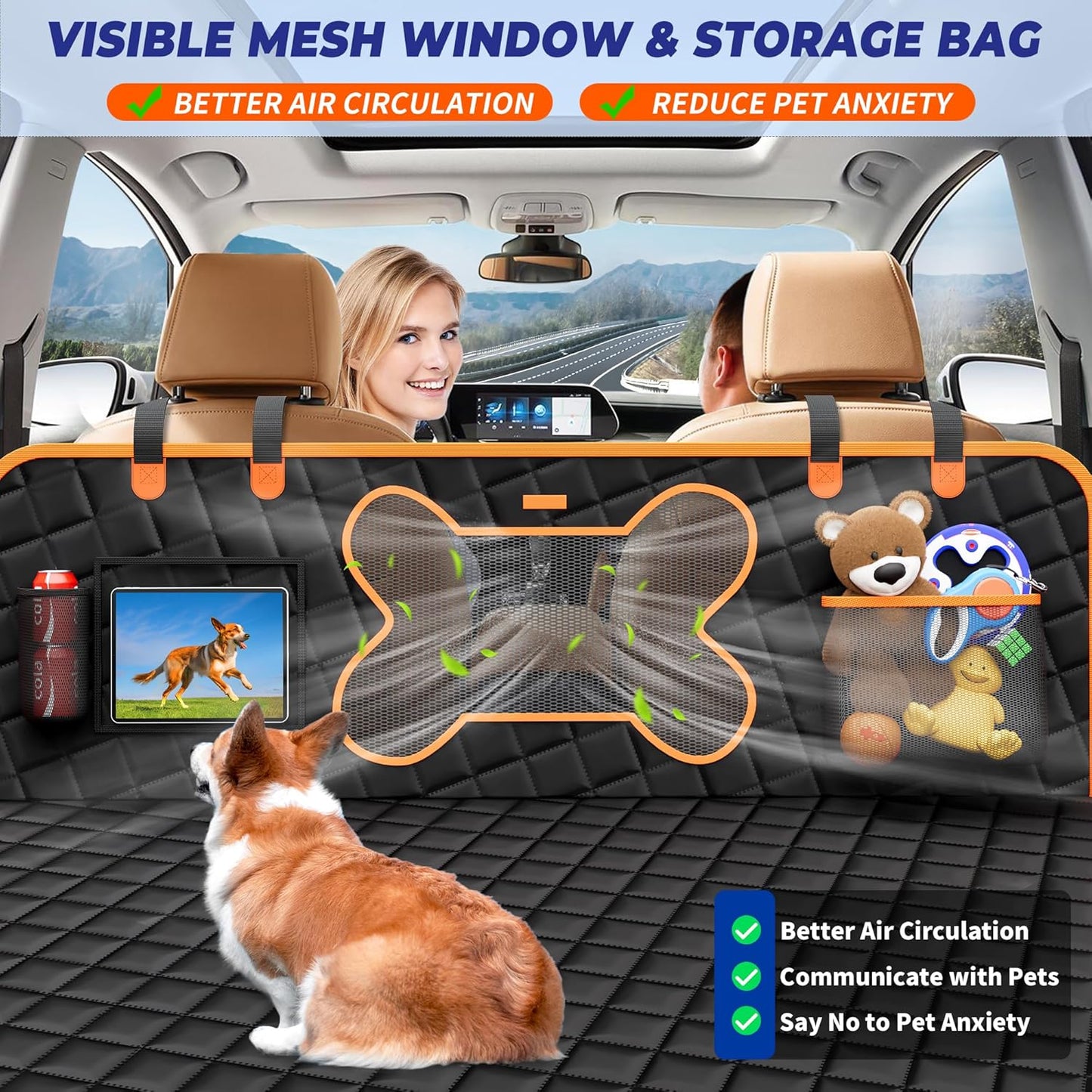 Dog Back Seat Extender for Truck, Hard Bottom Dog Car Seat Cover-Strong Support Waterproof Scratch-Proof Pet Hammock for Full Size F150/RAM1500/Silverado Crew Cab Pickup, Black with Orange - Pawvie