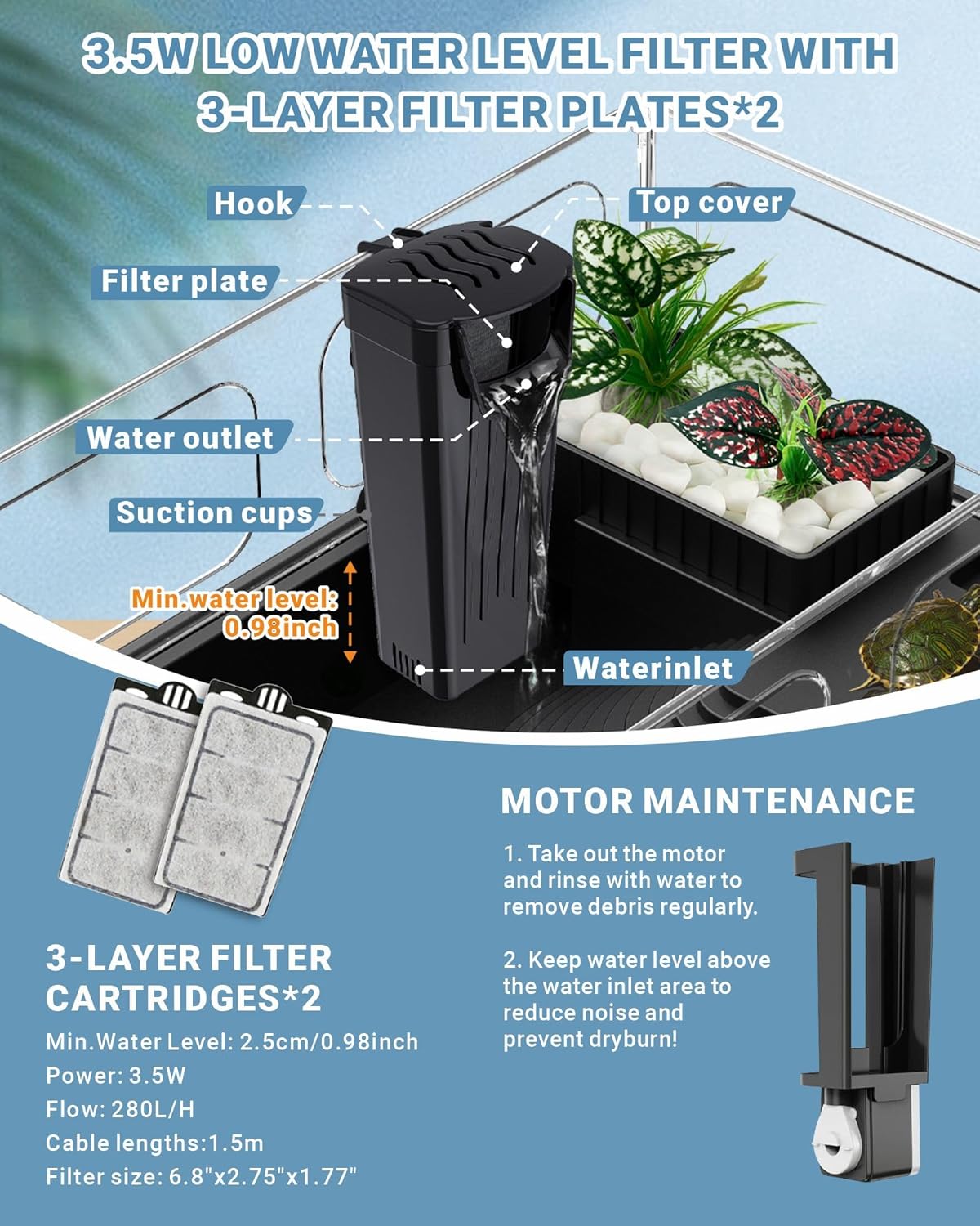 GOZILLA Small Turtle Tank Kit(Tank+Lamp+Filter), Acrylic Turtle Starter Kit with Adjustable Lamp, Reptile Habitat and Terrarium with Multi-Functional Areas for Small Reptiles. (Black Kit) - Pawvie