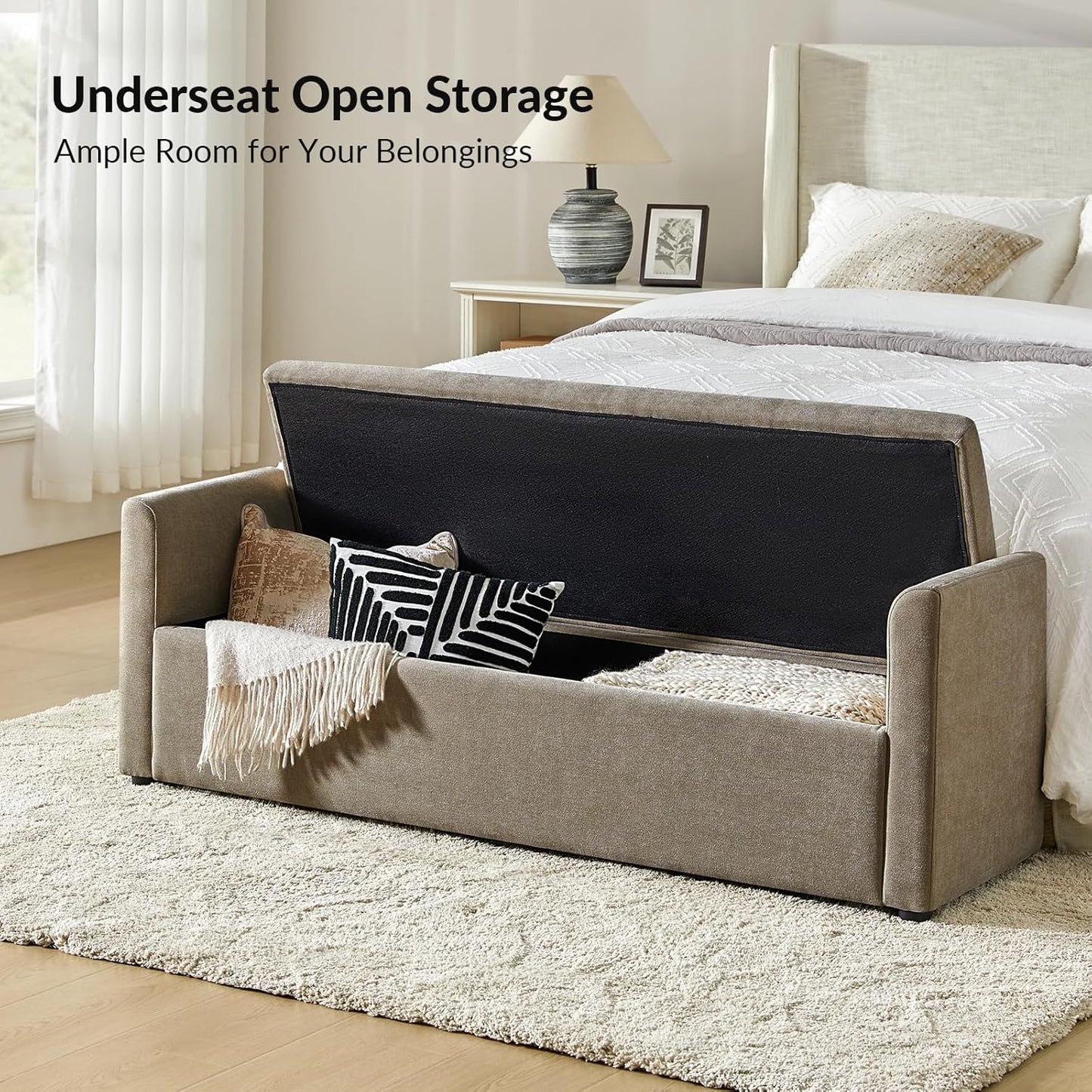 HULALA HOME Modern Storage Bench with Throw Pillows, 59.4" Extra Long Bedroom Ottoman Bench for End of Bed, Comfy Upholstered Footstool for Entryway Dining Room Living Room, Brown