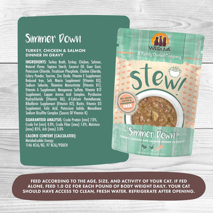 Weruva Classic Cat Stews!, Simmer Down with Turkey, Chicken & Salmon in Gravy, 3oz Pouch (Pack of 12)