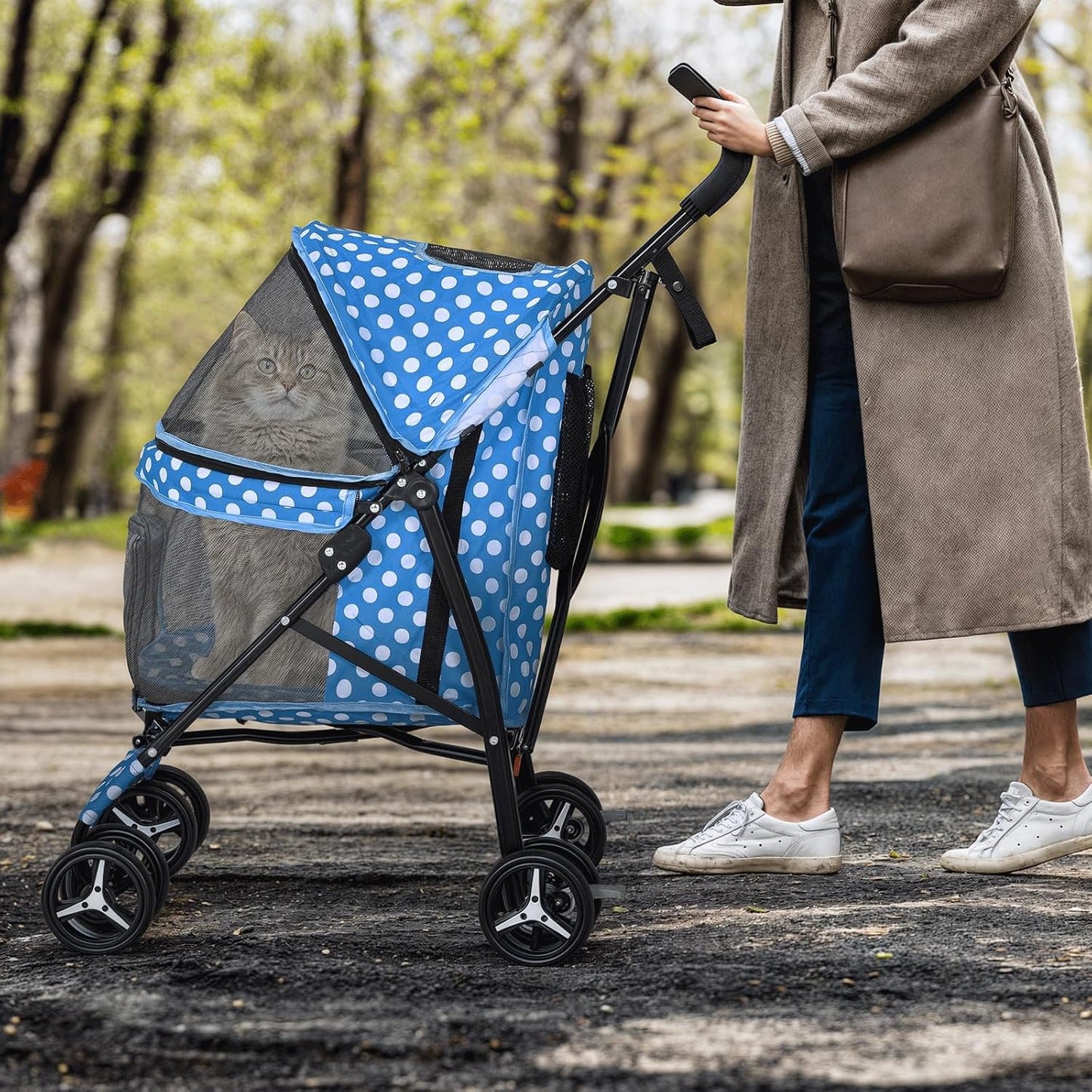 MoNiBloom 4 Wheels Pet Stroller, Easy-Fold Umbrella Shaped Dog Cat Jogger Stroller w/Storage Bag & Visible Mesh for Small/Medium Dogs Cats Sky Blue Polka Dots - Pawvie