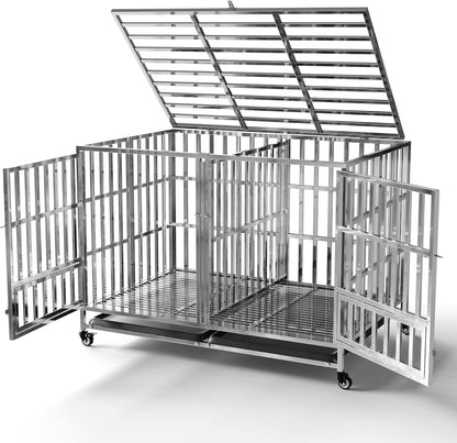 Collapsible Stainless Steel Dog Crate, 30" 37" 42" 48" Sizes, Lockable Wheel, with Tray, Stackable, Heavy Duty, Divider, Indoor and Outdoor (48insm)