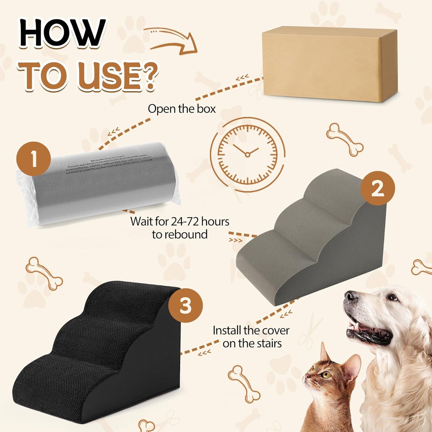 Romrol Dog Stairs Ramp for High Beds Couches, High Density Foam Pet Steps with Durable Non-Slip Waterproof Fabric Cover, Dog Stairs for Small Dogs or Cats or Pets, 3-Step,15 Inch,Black - Pawvie