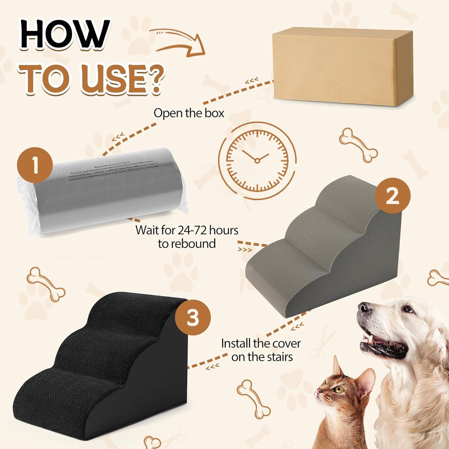Romrol Dog Stairs Ramp for High Beds Couches, High Density Foam Pet Steps with Durable Non-Slip Waterproof Fabric Cover, Dog Stairs for Small Dogs or Cats or Pets, 3-Step,15 Inch,Black - Pawvie
