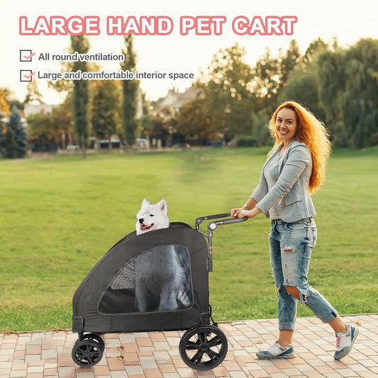 Large Dog Travel Stroller with 4 Heavy Duty Wheels Pet Stroller with Adjustable Handle - Double Doggie Capacity Jogger Wagon with Back Front Door for Small Medium Large Dogs (Black) - Pawvie