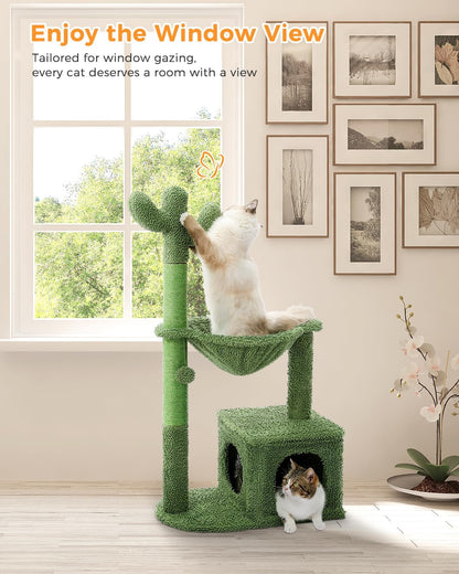 Cactus Cat Tree 40" Cat Tower with Large Metal Carpet Hammock, Cat Scratching Post for Indoor Cats with Condo & Replaceable Toy Ball, Green