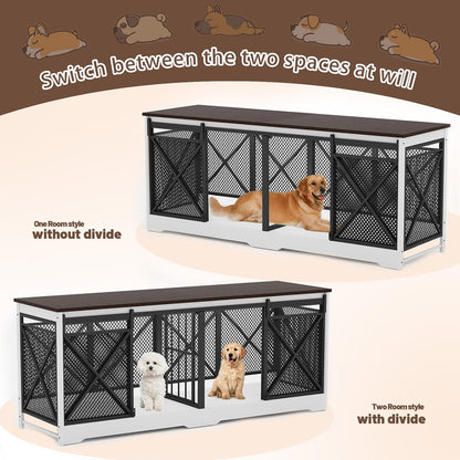 COZPAW 78 Inch Double Dog Crate Furniture, Extra Large Dog Kennel Indoor for Medium Large 2 Dogs, Heavy Duty Dog Cage Chew-Resistant Steel and Wooden Pet House with Removable Divider (White Brown)