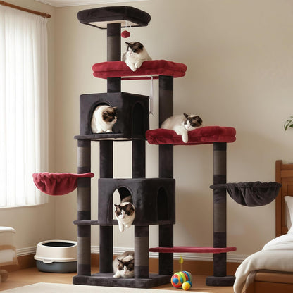 Hey-brother Cat Tree Tower, Scratching Posts with a Extended Part, Wide Platforms, Cozy Condos, Hammocks, Sisal Columns and Ball for Indoor Cats, 70.1 Inches, Black and Red MPJ038BR