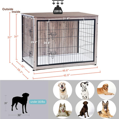 DWANTON Dog Crate Furniture with Cushion, Wooden Kennel Table with Double Doors, Indoor Dog House, Extra Large Size, 43.3" L, Greige