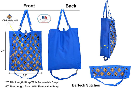 Majestic Ally Premium Nylon Hay Bag for Horses and Livestock, Simulates Grazing, Slow Feeding, Heavy-Duty PP Webbing,Quick-Adjust Straps, Small Hole for Digestion, Multiple Colors (Royal Blue)