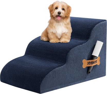 Romrol Dog Stairs Ramp for Beds Couches, Extra Wide Pet Steps with Durable Non-Slip Waterproof Fabric Cover, Dog Slope Stairs for Small Dogs and Cats or Pets Friendly, 3-Tiers, 13 Inch,Navy - Pawvie