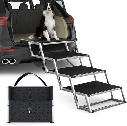 Extra Wide Dog Stairs for Large Dogs, Foldable Dog Ramp for Car with Non-Slip Surface, Dogs Stairs for Cars, High Beds, Truck, Supports up to 250 lbs, 4 Steps