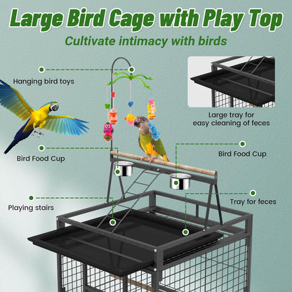 82 Inch Bird Cage, BOINN Bird Flight Cages with Rolling Stand & Bottom Tray, Wrought Iron Parrot Cage with PlayTop for Parakeet, Lovebirds, Ringneck, Cockatiels
