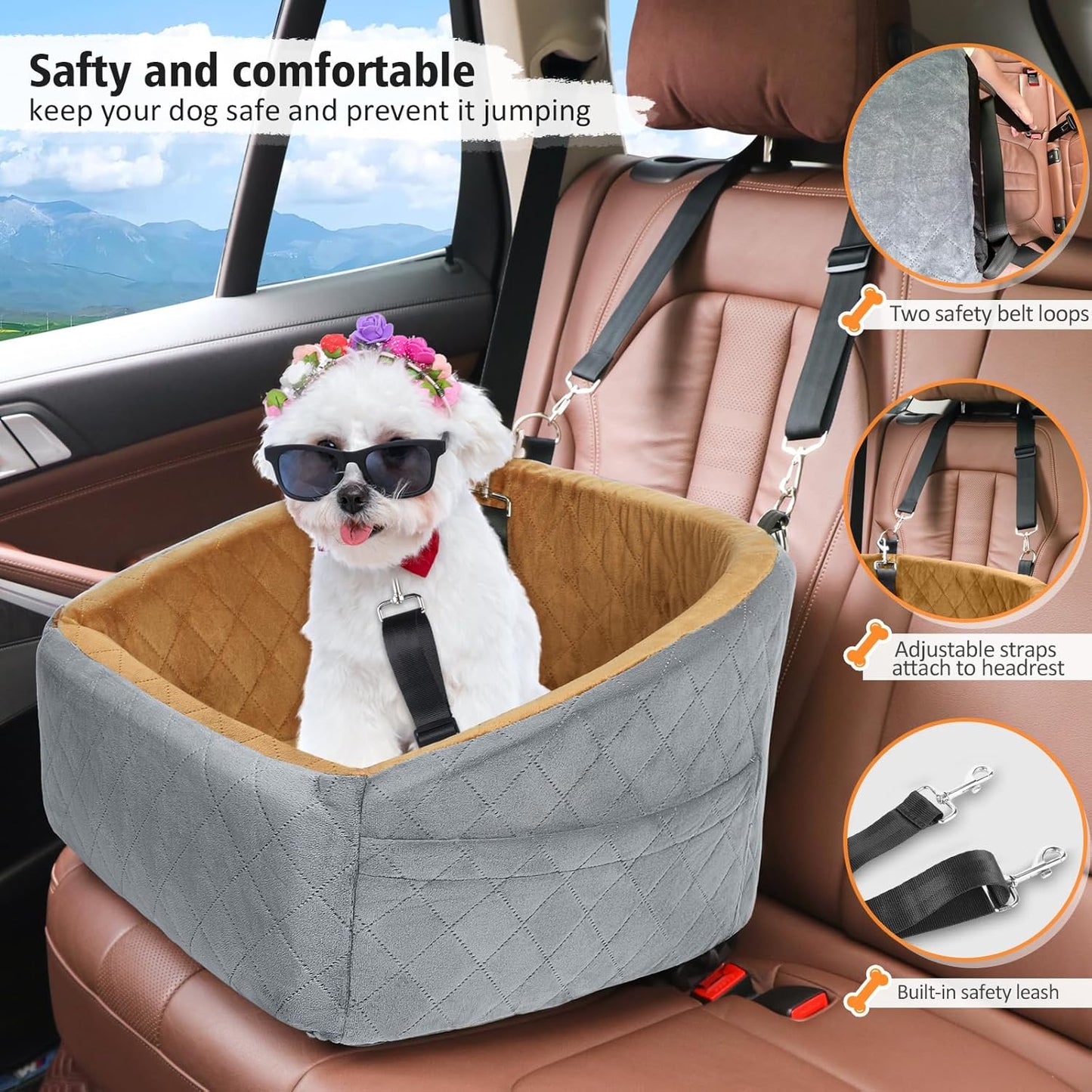 Dog Car Seat for Small Medium Dogs,Detachable Washable Dog Booster Seat Under 30lbs, Pet Car Seat Travel Bed with Storage Pockets and Dog Safety Belt(Grey/Brown) - Pawvie