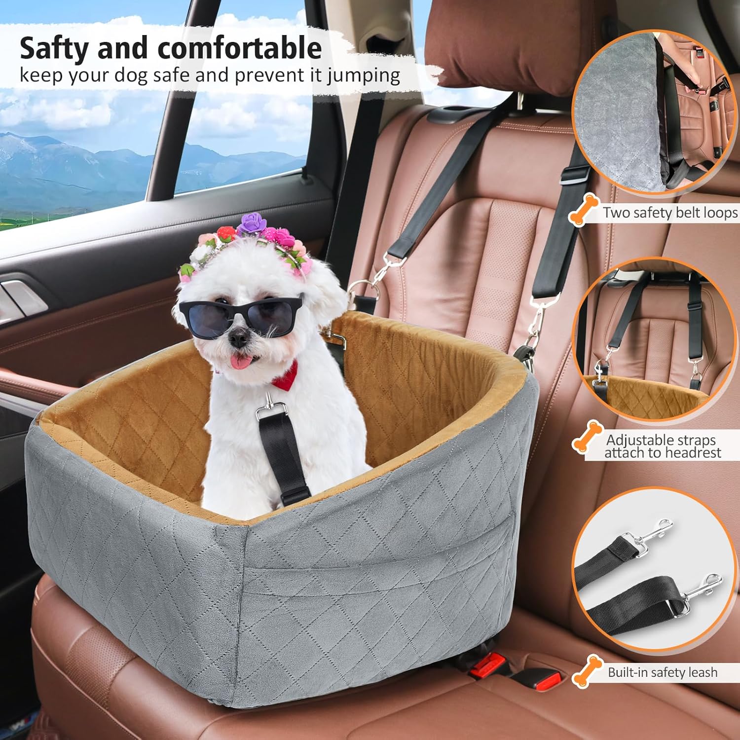 Dog Car Seat for Small Medium Dogs,Detachable Washable Dog Booster Seat Under 30lbs, Pet Car Seat Travel Bed with Storage Pockets and Dog Safety Belt(Grey/Brown) - Pawvie