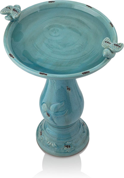 Alpine Corporation 25" Tall Outdoor Ceramic Antique Pedestal Birdbath with 2 Bird Figurines, Turquoise