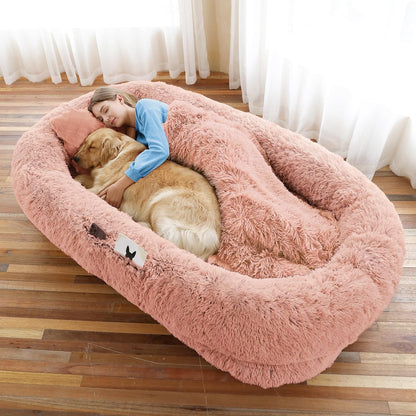 Human Dog Bed, 71''x45''x12'' Size Fits You and Pets, Washable Faux Fur Pet Bed for People Doze Off, Napping Orthopedic Dog Bed, Present Plump Pillow, Blanket, Strap - Pink