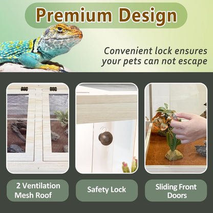 PROLEE Tempered Glass Reptile Enclosure with Leg,32“ Scratch-Proof Bearded Dragon Tank,32 Gallon Lizard Tank with Metal Mesh Tops and Lockable Door,Spacious Reptile Habitat for Snake,Lizard (Oak)