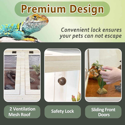PROLEE Tempered Glass Bearded Dragon Tank,32 Gallon Reptile Tank with Meatl Mesh Roof and Front Sliding Door, Anti-Scratch Lizard Tank,Spacious Reptile Enclosure for Snakes,Lguanas, Chameleons (Oak)