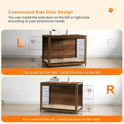 DWANTON Dog Crate Furniture with Cushion, Wooden Kennel Table with Double Doors, Indoor Dog House, Large Size, 38.5" L, Warm Brown