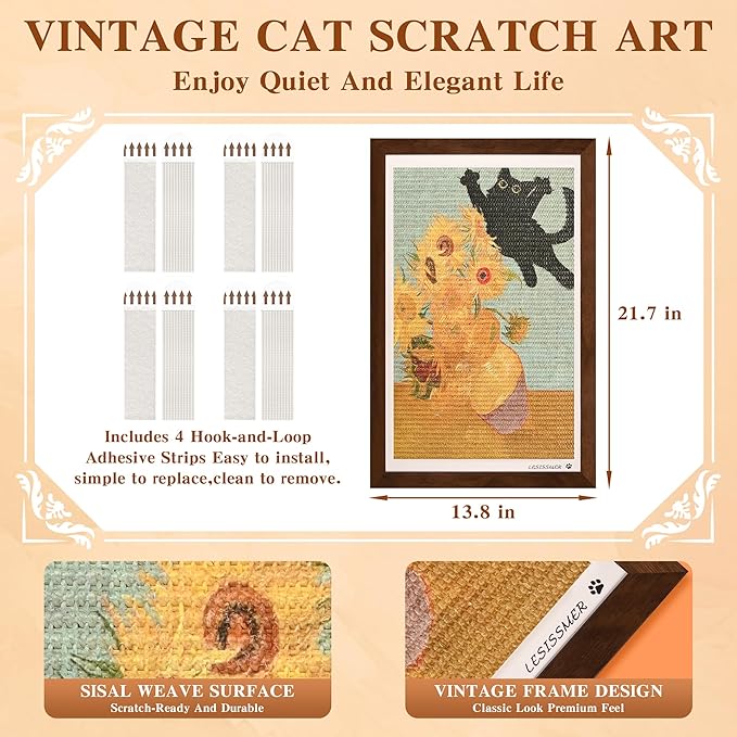 Wall Art Cat Scratcher Sisal Mat, No-Drill Wall Mounted Cat Scratch Pad with Frame, 13.8 x 21.7 Inch Cat Wall Scratchers for Indoor Cats（Sunflower）