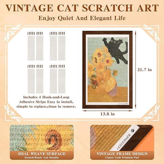 Wall Art Cat Scratcher Sisal Mat, No-Drill Wall Mounted Cat Scratch Pad with Frame, 13.8 x 21.7 Inch Cat Wall Scratchers for Indoor Cats（Sunflower）