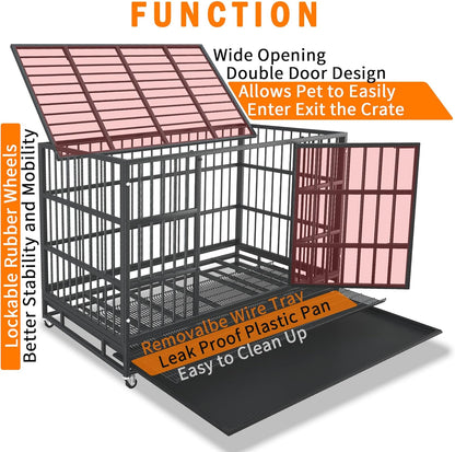54/48/42/38 Inch Heavy Duty Dog Crate Cage with Wheels, Indestructible and Escape Proof Steel Kennel Indoor for High Anxiety Dogs with Sturdy Locks, Double Door and Tray, Extra Large XL XXL