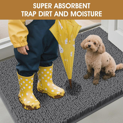 2 Pieces Muddy Door Mats for Dogs, Chenille Absorbent Pet Mats, Quick Dry, Trap Dirt Non Slip Heavy Indoor Doormat Soft Dog Bed Mat Front Inside Door Mat for Indoor Outdoor Entrance,Grey