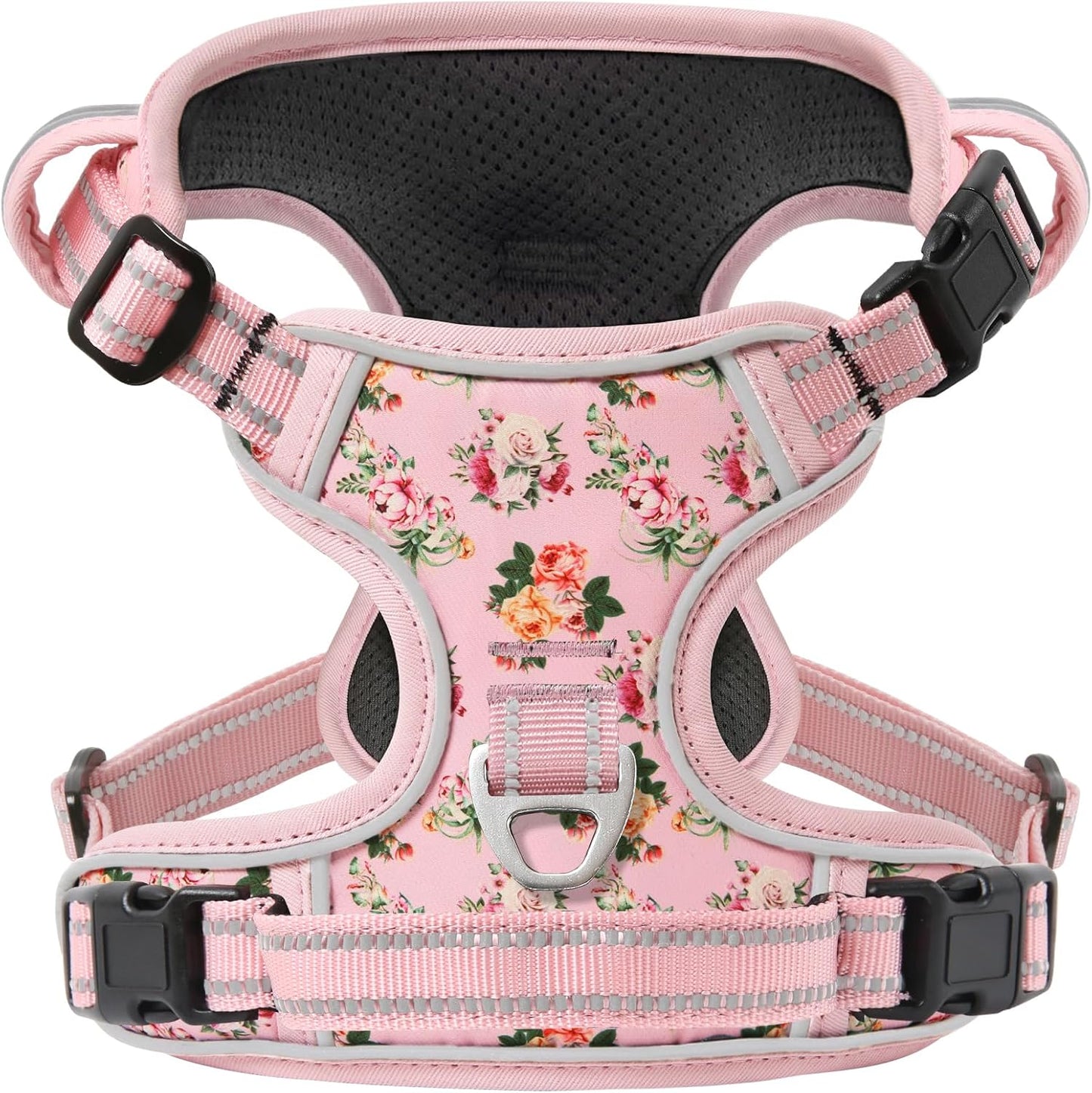 Timos No Pull Dog Harness,NO Need Go Over Dogs Head 3 Snap Buckles Reflective Oxford No Choke Harness with Front & Back 2 Metal Leash Clips Soft Padded for Small Medium Large Dogs Pink S