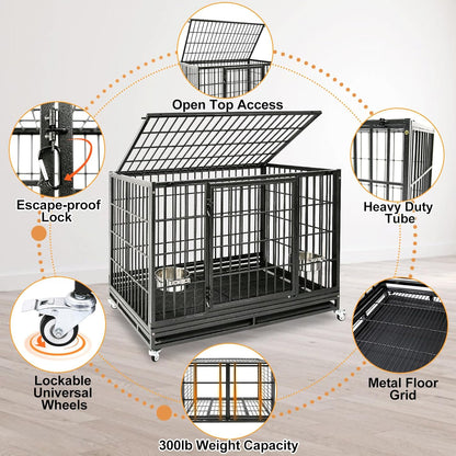 Homey Pet 48 Inch Stackable Heavy Duty Dog Crate Indestructible, Escape Proof Dog Cage with Wheels, Two Removable Trays, High Anxiety Dog Kennel Indoor, Extra Large XL XXL Dog Crates for Large Dogs