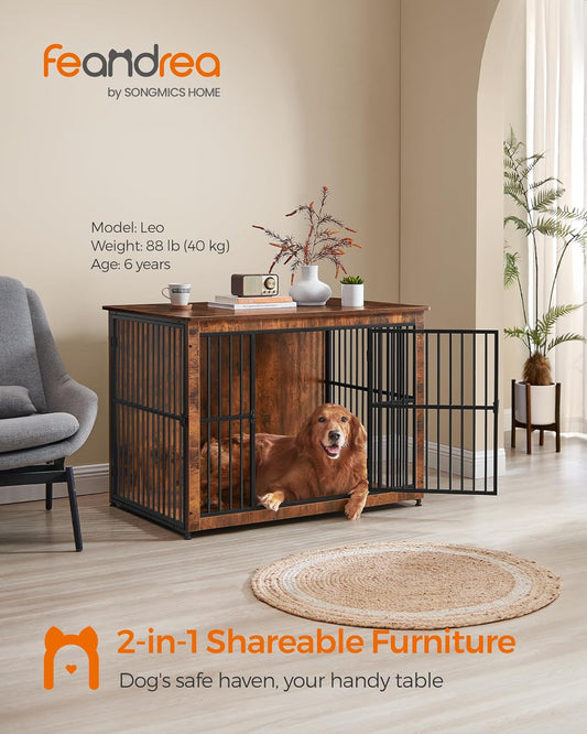 Feandrea Dog Crate Furniture, 43.3" Side End Table, Modern Kennel for Dogs Indoor up to 80 lb, Heavy-Duty Dog Cage with Enclosed Base, Double-Door Dog House, Rustic Brown UPFC024X01