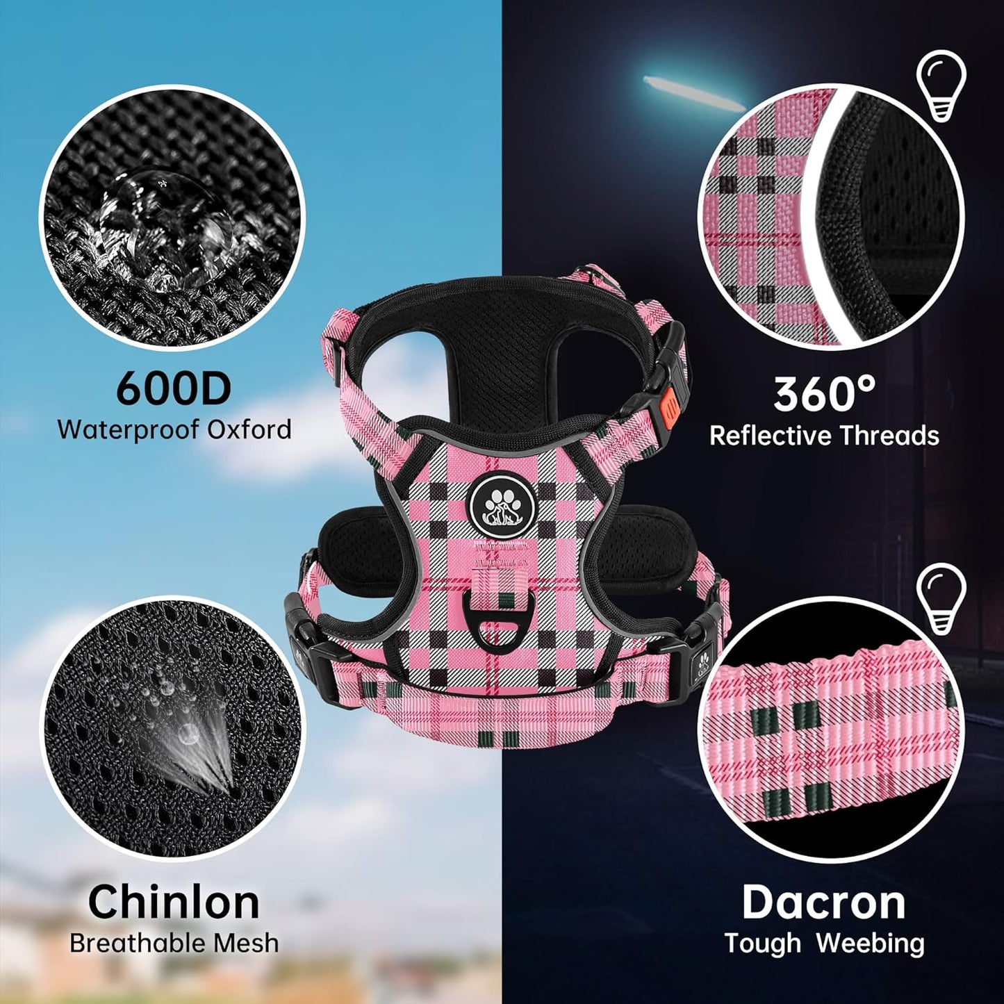 NESTROAD No Pull Dog Harness with Leash, Reflective No Choke Pet Vest Harness,Adjustable Soft Padded Dog Harness with Easy Control Handle for Small Dogs(Checkered Pink,Small)