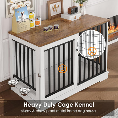 Dog Crate Furniture 47" Large Dog Kennel for Dogs Indoor, Heavy Duty Dog Cage with Sliding Door and 2 SUS Bowls Wooden End Table in Living Room for Small Medium Large Dogs, White
