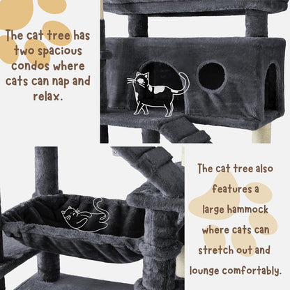 Cat Tree, 80-Inch Large Cat Tower with 9 Scratching Posts, 2 Perches, 2 Caves, 2 Basket, 2 Stairs, Extra Large Hammock, Pompoms, Multi-Level Plush Cat Condo for Indoor Cats/Smoky Grey