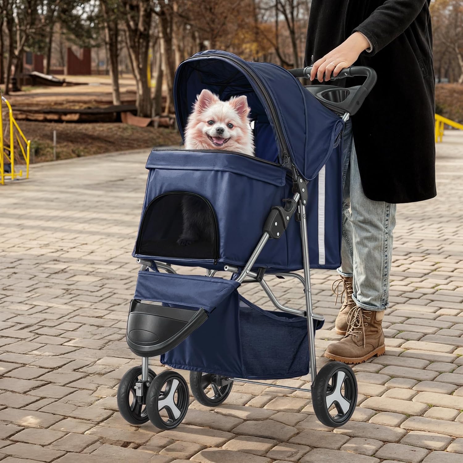 MoNiBloom 3 Wheels Pet Stroller, Foldable Dog Cat Cage Jogger Stroller with Weather Cover for All-Season, Storage Basket and Cup Holder, Breathable and Visible Mesh for Small/Medium Pets, Blue - Pawvie