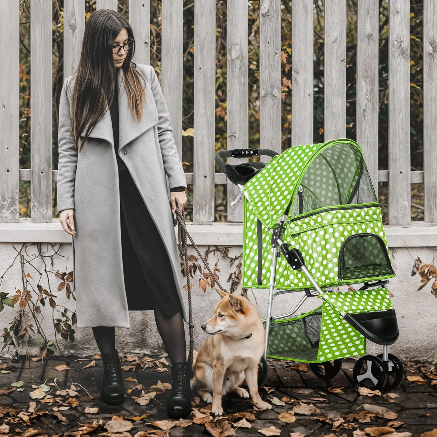 MoNiBloom 3 Wheels Pet Dog Cat Stroller for Small Medium Dogs Cats, Foldable Jogger Stroller w/Storage Basket and Cup Holder, Lawn Green Polka Dots - Pawvie