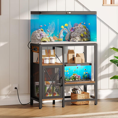 20-37 Gallon Fish Tank Stand, Aquarium Stand with Power Outlet and Storage Cabinet, Heavy Duty Tank Stand Suitable for Turtle Tank, Reptile Terrarium, for Home Office, Rustic Brown FTHR40E01