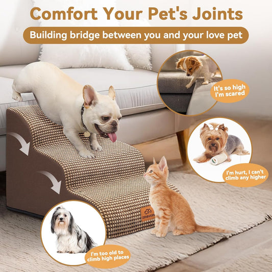 Dog Ramp and Stair for Bed 16" H-20 H,3-Step Cat Stair for Sofa and Chair,4-Step Dog Ramp for High Bed and Window,Durable Nonslip Fabric Cover for Indoor (Coffee-16 H, Pet Friendly, 3)