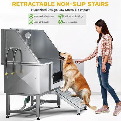 DWVO Professional Pet Dog Bathing Station for Grooming, 50'' Dog Grooming Bathtub with Right Ramp, Floor Grate, Faucet, Showerhead & Soap Holder for Large, Medium & Small Pets