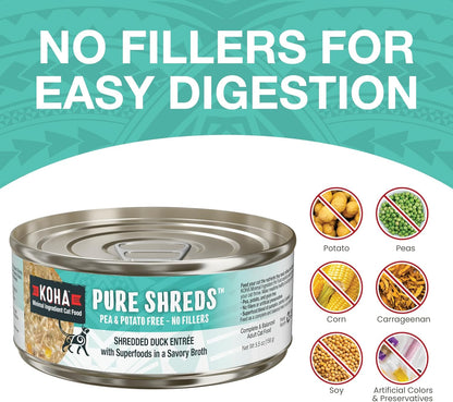 KOHA Pure Shreds Duck Entrée for Cats, Single Meat High Protein Wet Cat Food, 5.5oz Cans (Pack of 12)