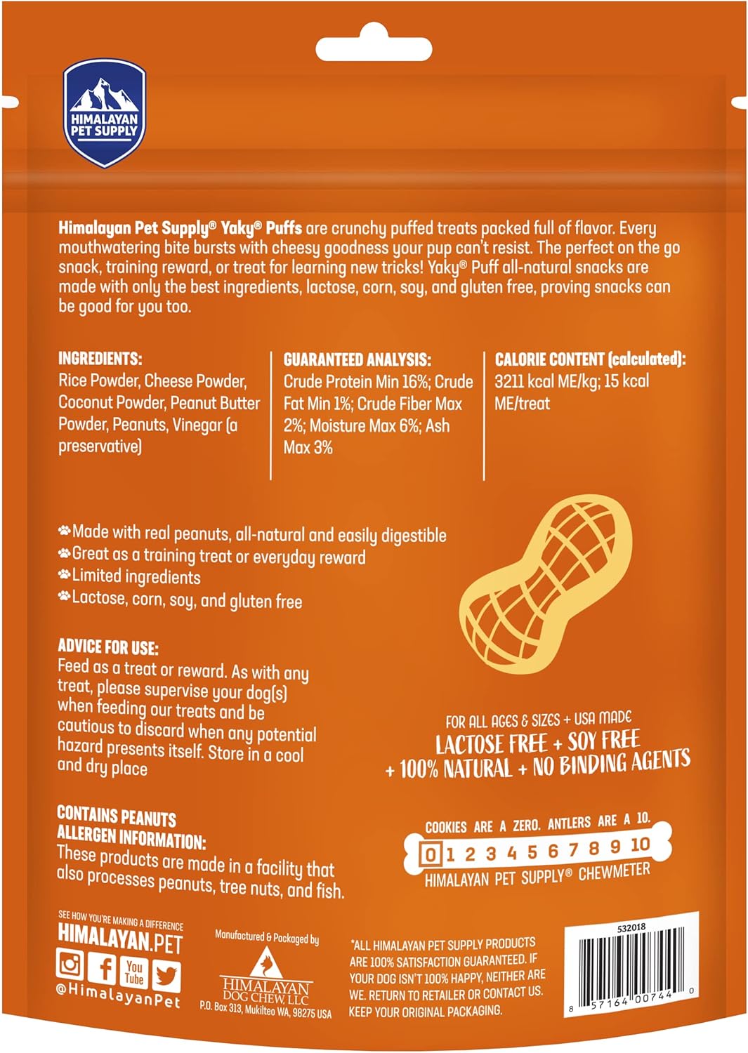 | yakyPUFF Himalayan Cheese Treats | Lactose Free | Gluten Free | Grain Free | USA MADE | For All Breeds | Peanut Butter Flavor Crispy Puffed Treat