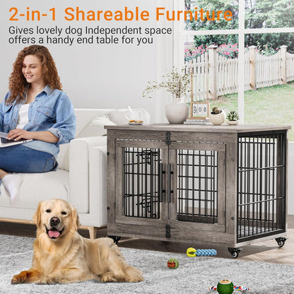 Lulive Dog Crate Furniture Set of 2, Dog Kennel Indoor Double Doors Wooden Dog Cage, 32'' Heavy Duty Dog Crate with Cushion & Wheels, End Table Pet House Chew-Resistant Up to 45 lb, Grey