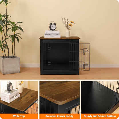 DWANTON Dog Crate Furniture with Cushion, Wooden Kennel Table with Double Doors, Indoor Dog House, Small/Medium/Large Size, 27.2" L, Black+Warm Brown