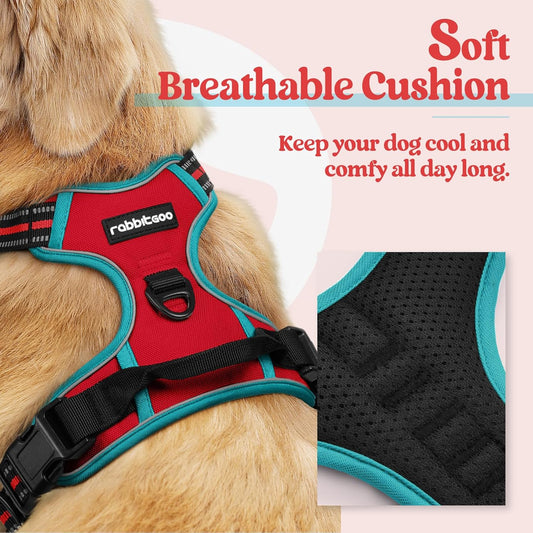 rabbitgoo Dog Harness No Pull with 2 Leash Clips, Adjustable Soft Padded, Reflective Oxford No Choke Pet Vest with Easy Control Handle for Large Dogs, Red & Teal, L