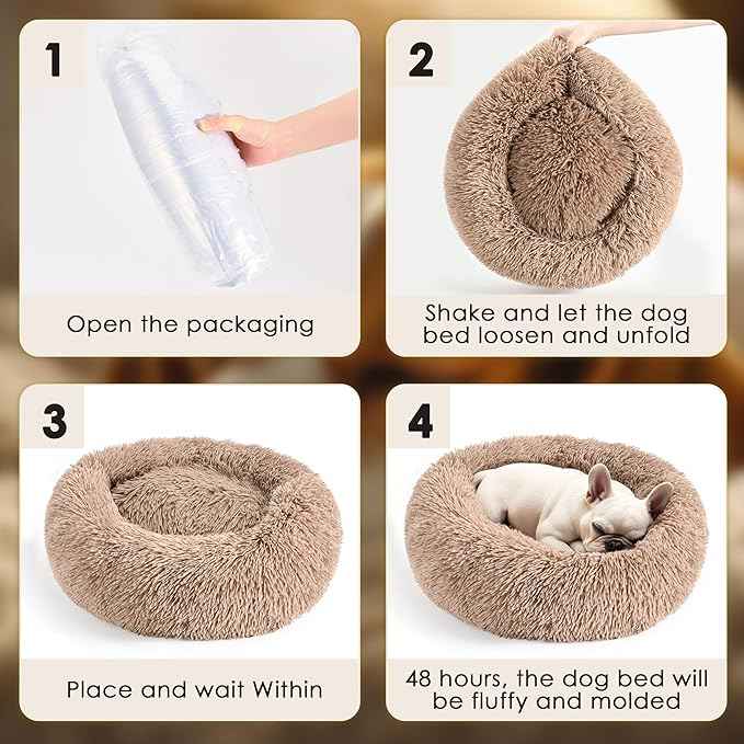 28in Large Dog Bed, Medium Size Dog and Cats, Calming Donut Bed for Puppy and Kitten, Washable Round Fluffy Pet Bed (Camel)