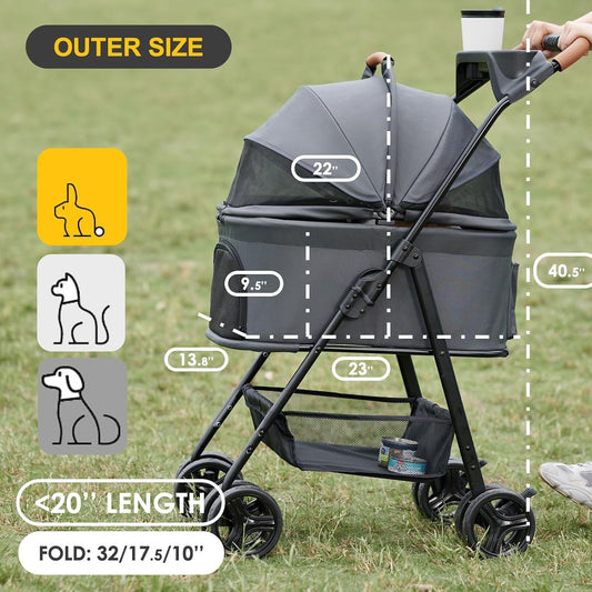 3 in 1 Pet Stroller with Removable Carrier, Folding Stroller for Small/Medium Dogs and Cats, Waterproof, All-Terrain, with Sun Shades, Car Seat