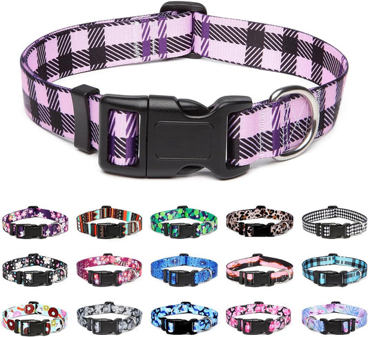 Mercano Adjustable Dog Collar - Special Design Patterns, Soft Nylon Comfortable Durable Pet Collar for Small Medium Large Dogs (S, Purple Plaid)